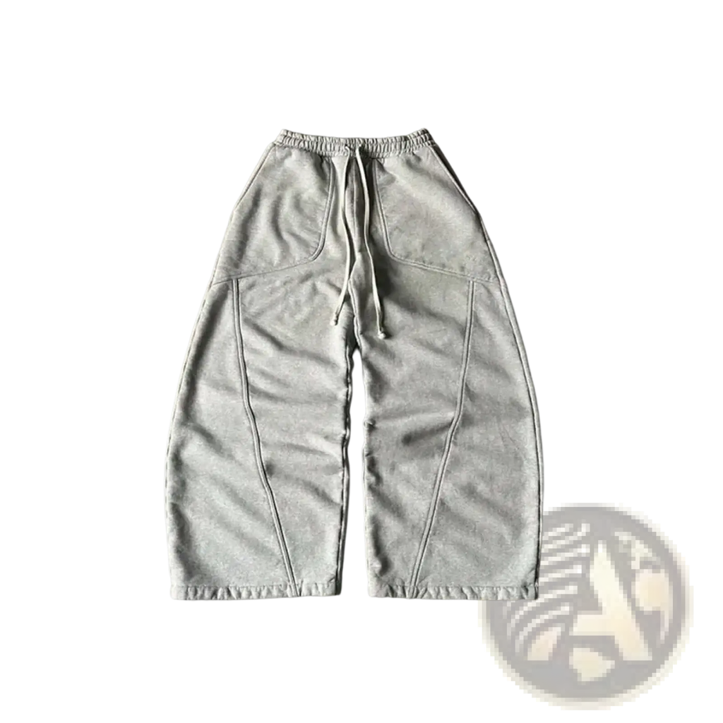 Men baggy cargo sweatpants in gray heather fabric with drawstring waist and visible seam detailing for high street style
