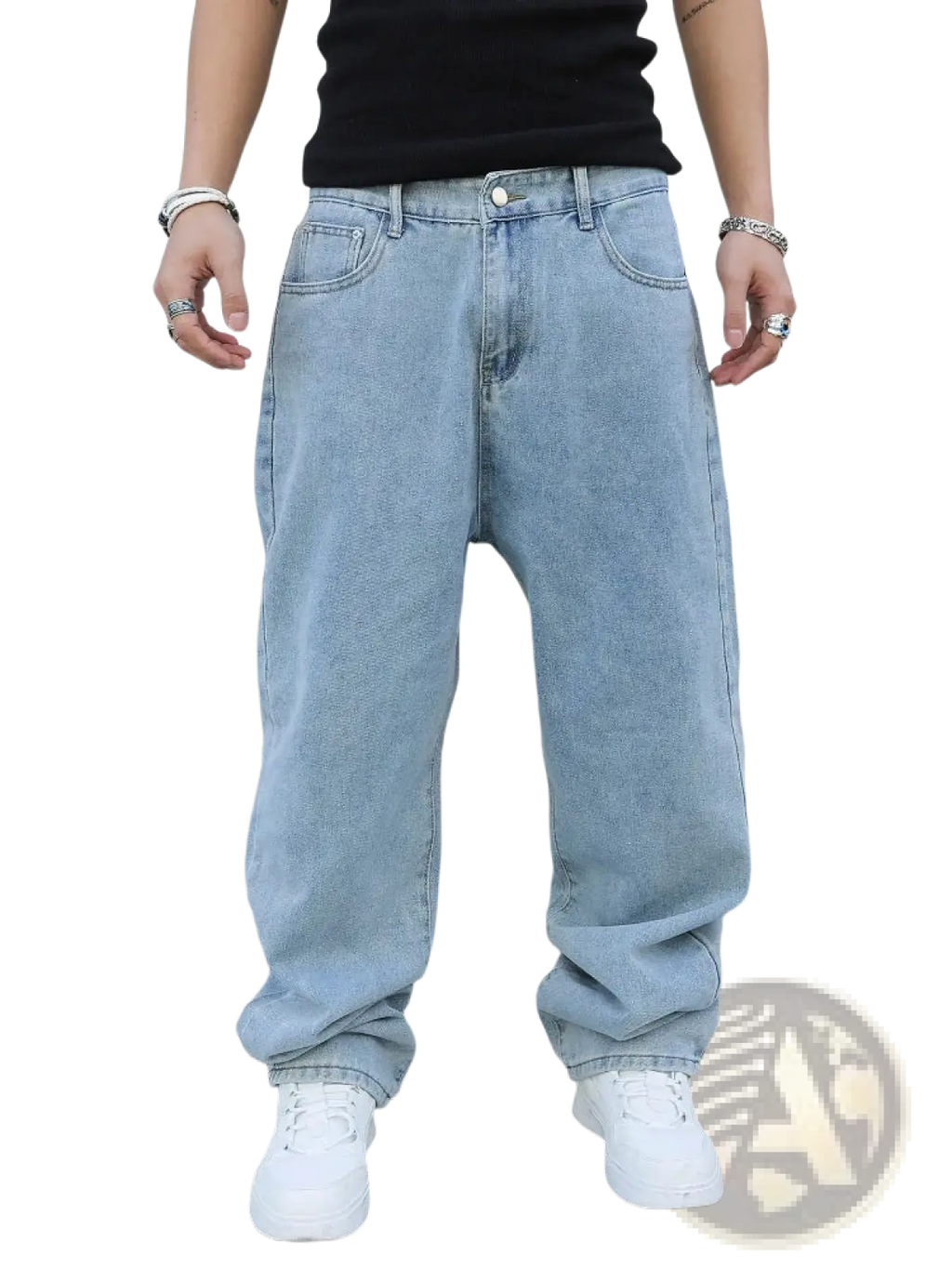 Men baggy Y2k wide leg denim jeans in light-wash with relaxed fit and classic five-pocket design