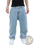 Men baggy Y2k wide leg denim jeans in light-wash with relaxed fit and classic five-pocket design