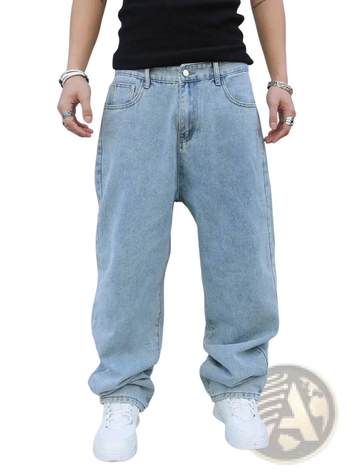 Men baggy Y2k wide leg denim jeans in light-wash with relaxed fit and classic five-pocket design