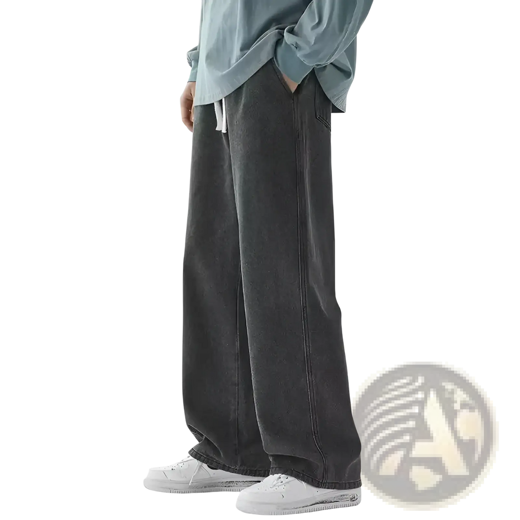 Men baggy Y2k wide leg denim jeans in dark gray with relaxed tapered fit and visible stitching details