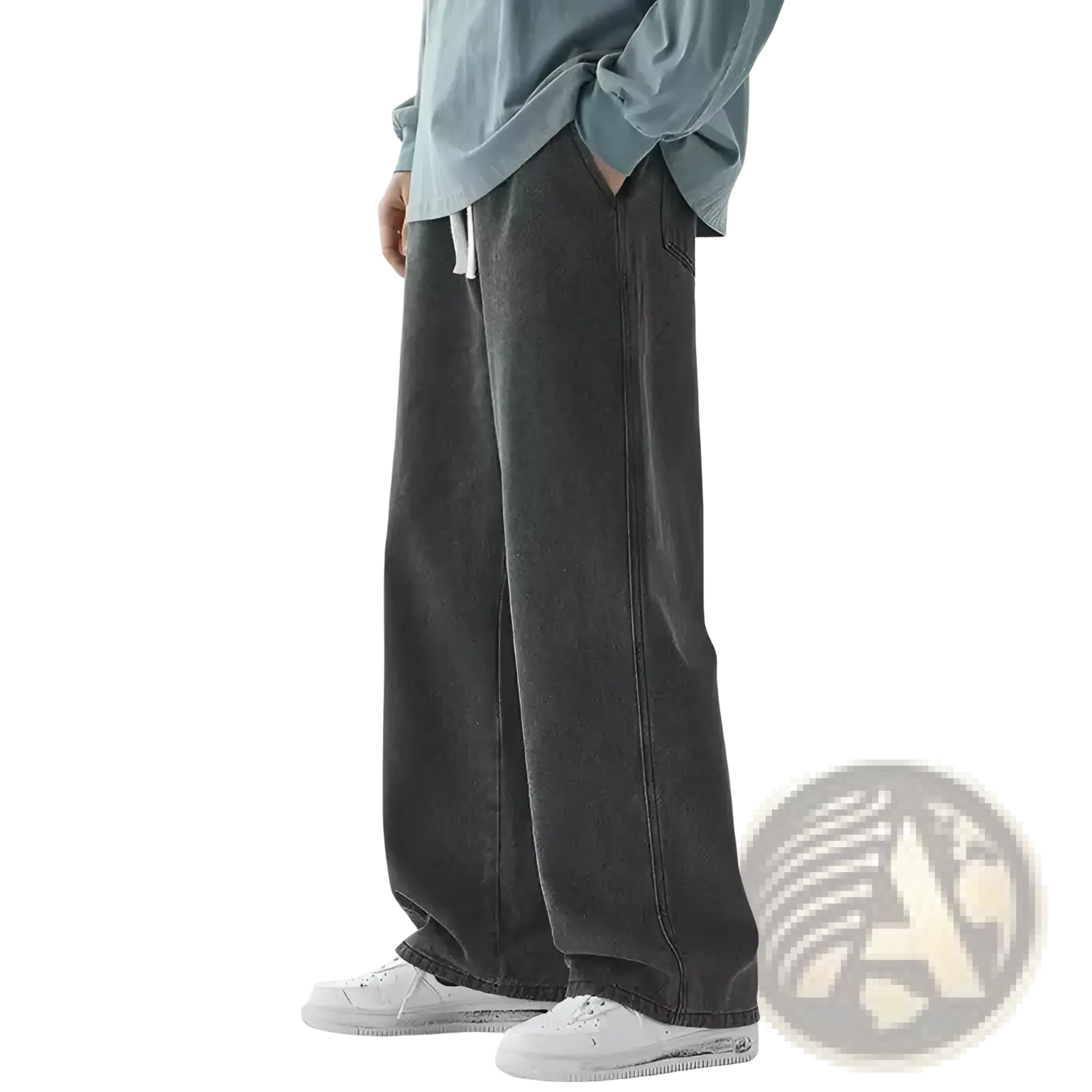 Men baggy Y2k wide leg denim jeans in dark gray with relaxed tapered fit and visible stitching details