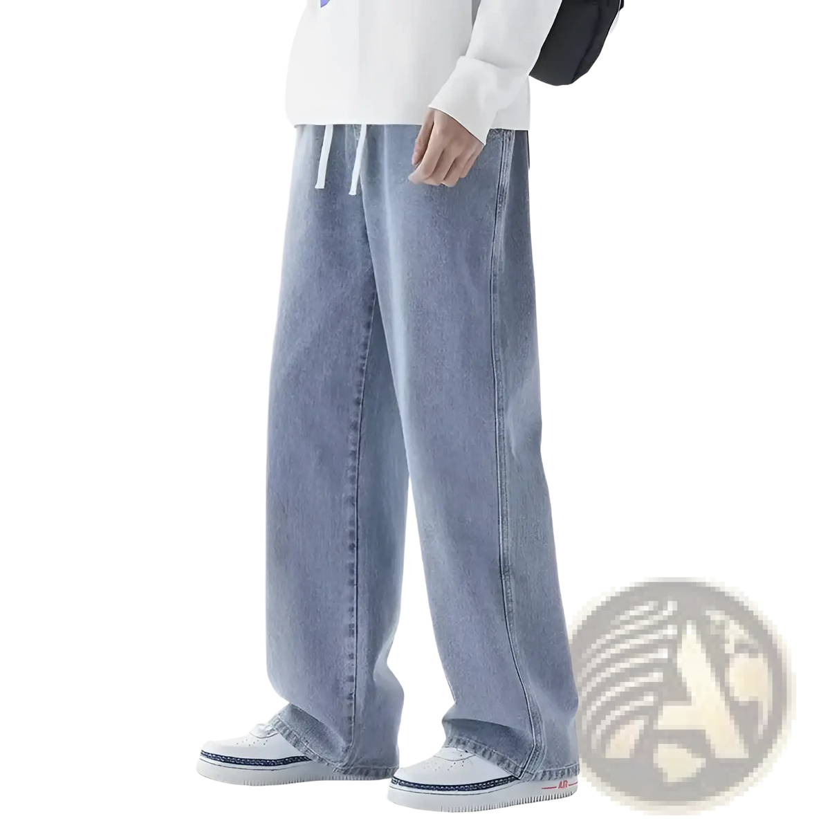 Men baggy y2k wide leg denim jeans in light-wash denim with a relaxed fit and white drawstring waistband