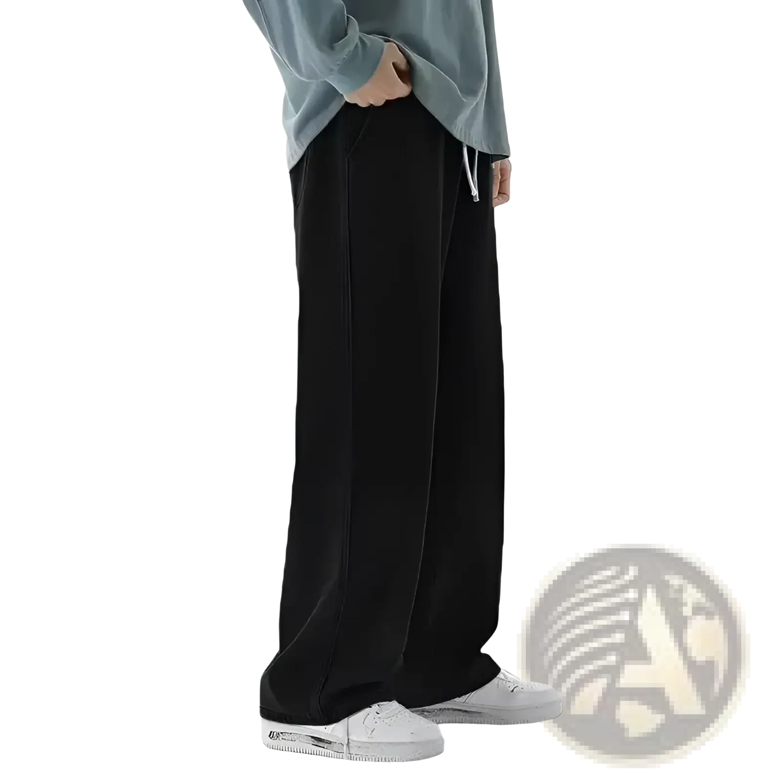 Men baggy y2k wide leg denim jeans styled as black wide-leg sweatpants with drawstring waistband and side seam detailing