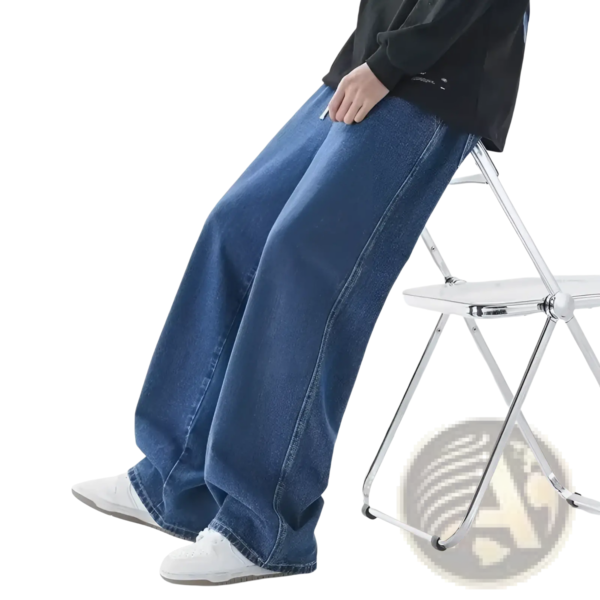 Men baggy y2k wide leg denim jeans in dark blue with a relaxed straight-cut silhouette made of denim material