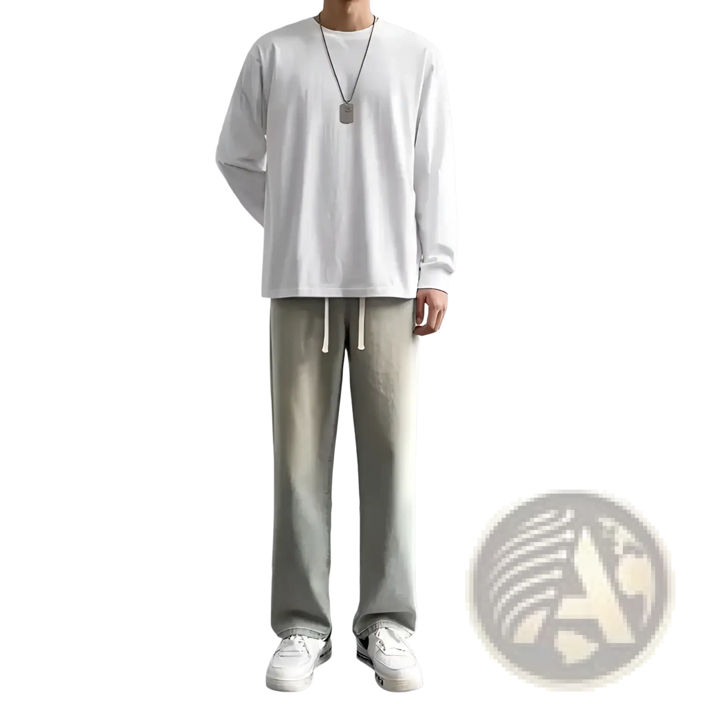 A pair of men baggy Y2K wide leg denim jeans in light gray with white drawstrings and a soft casual fabric