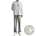 A pair of men baggy Y2K wide leg denim jeans in light gray with white drawstrings and a soft casual fabric