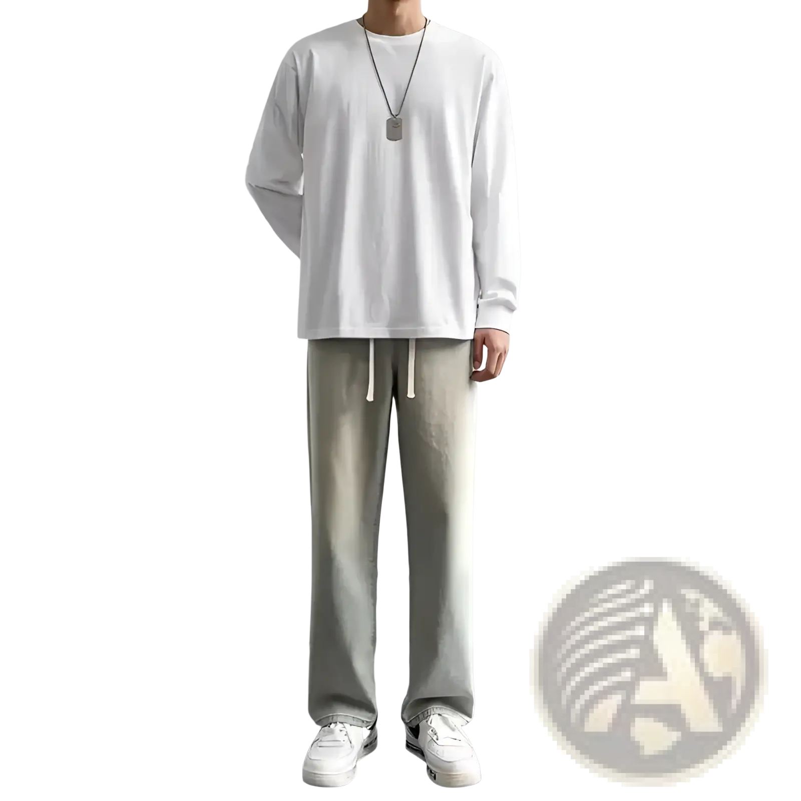 A pair of men baggy Y2K wide leg denim jeans in light gray with white drawstrings and a soft casual fabric