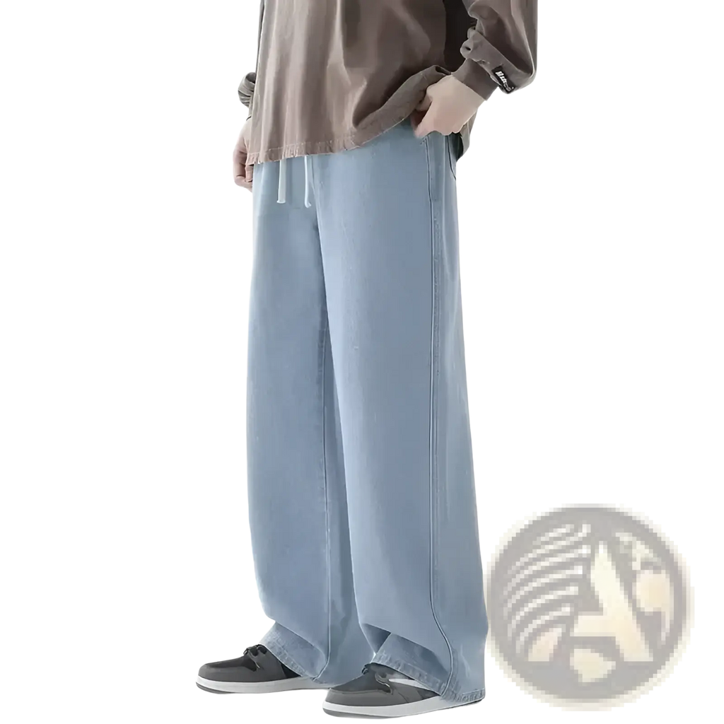 Men baggy y2k wide leg denim jeans in light blue with relaxed fit and white drawstring waistband made of denim