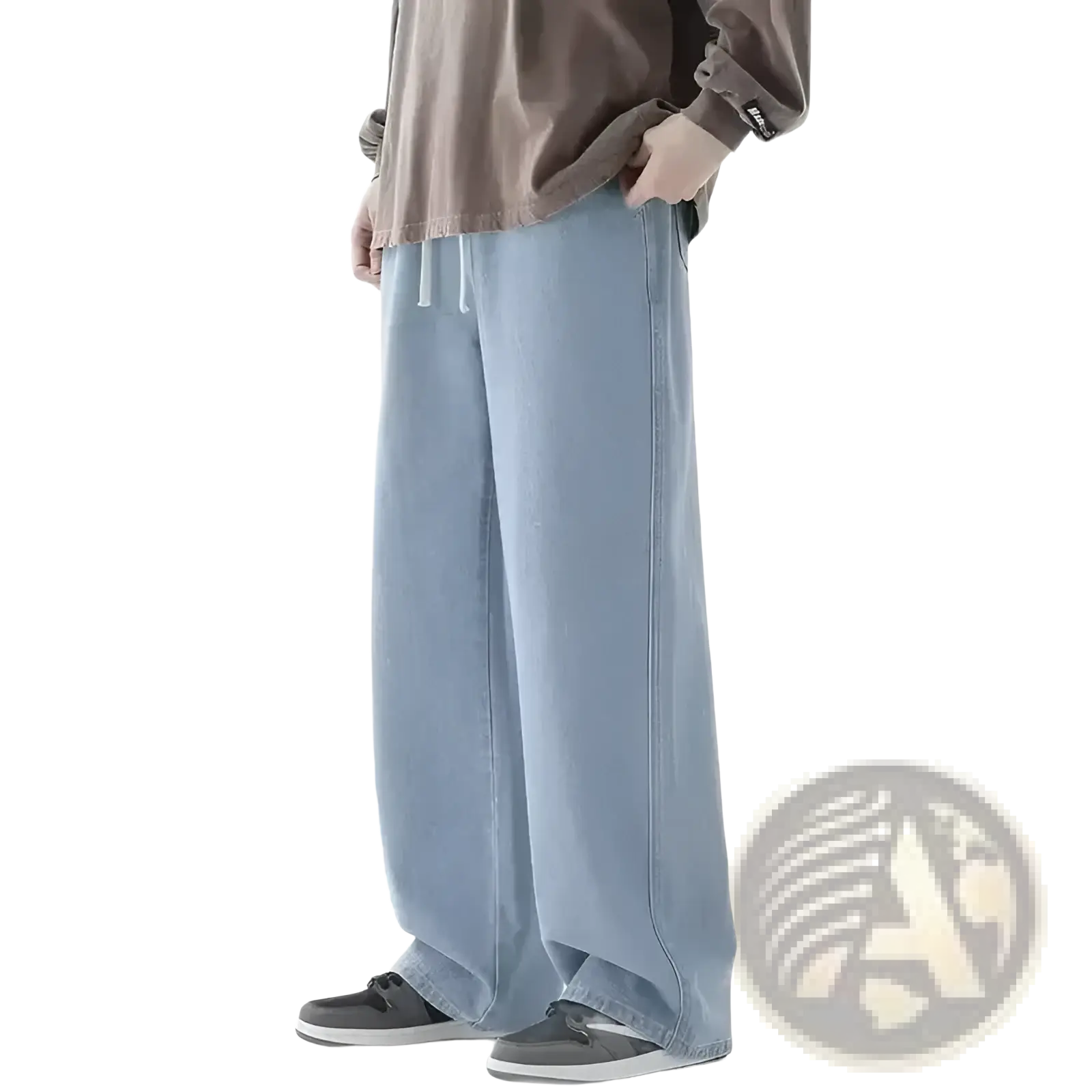 Men baggy y2k wide leg denim jeans in light blue with relaxed fit and white drawstring waistband made of denim