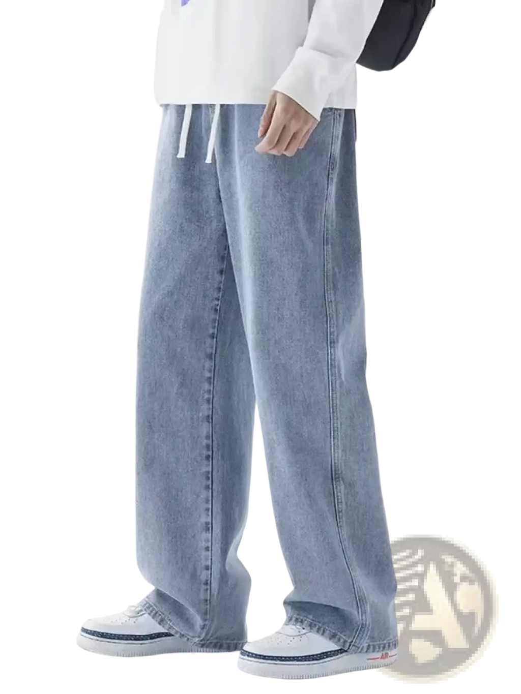 Men baggy y2k wide leg denim jeans in light wash with a relaxed fit and white drawstring waistband
