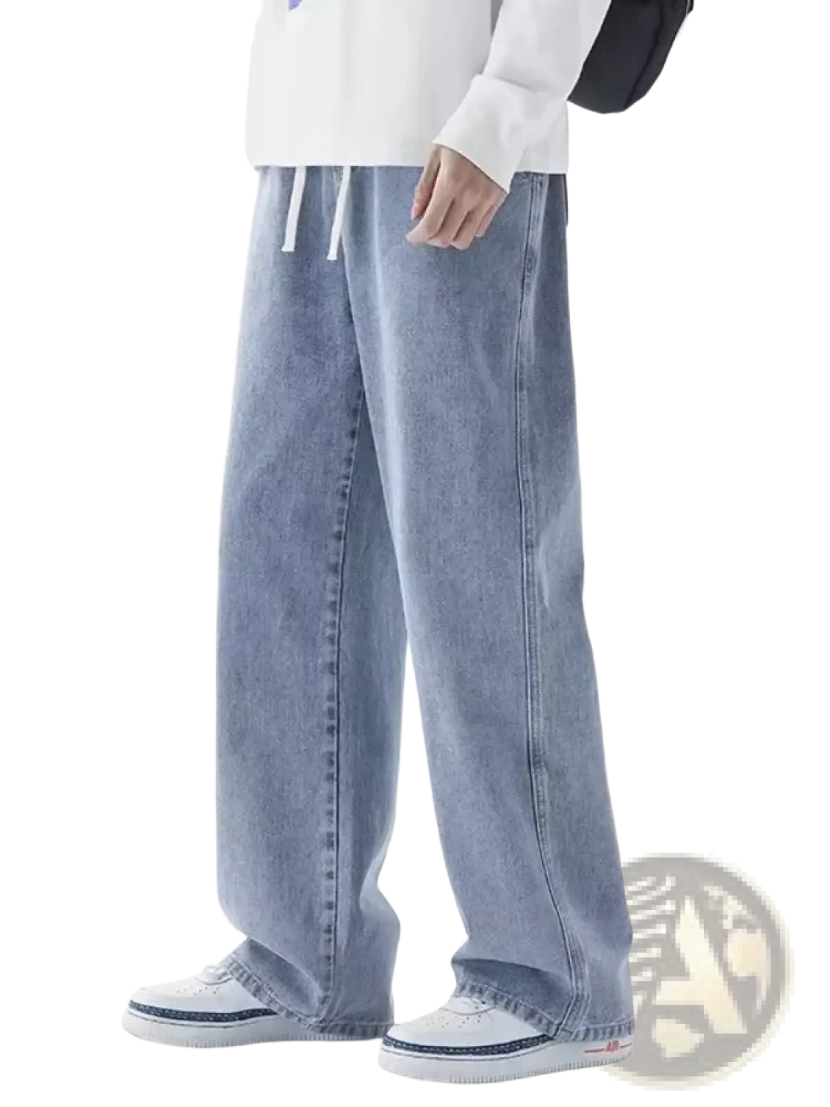 Men baggy y2k wide leg denim jeans in light wash with a relaxed fit and white drawstring waistband