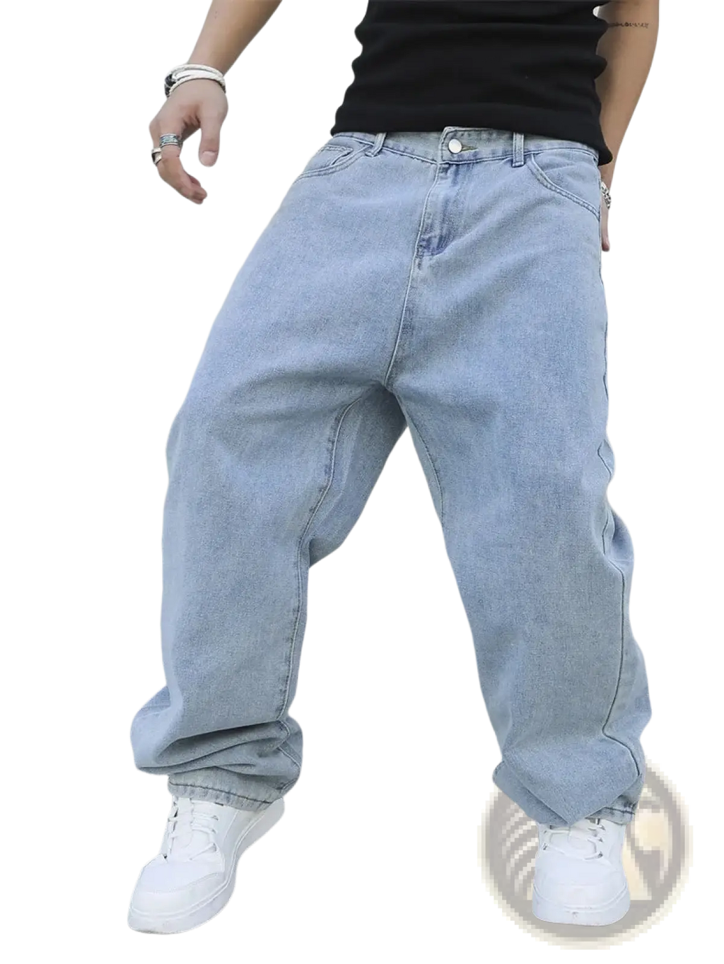 Men baggy Y2k wide leg denim jeans in light wash with relaxed fit and classic five-pocket design