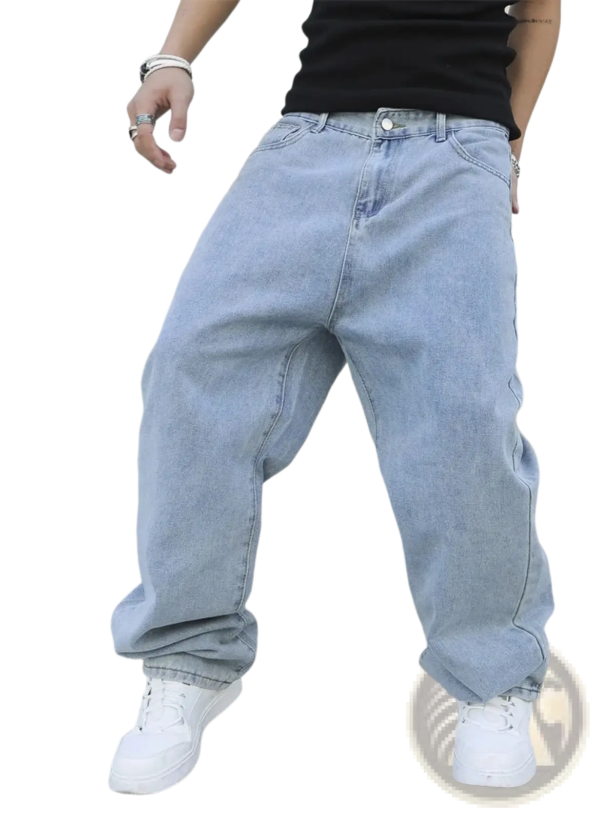 Men baggy Y2k wide leg denim jeans in light wash with relaxed fit and classic five-pocket design