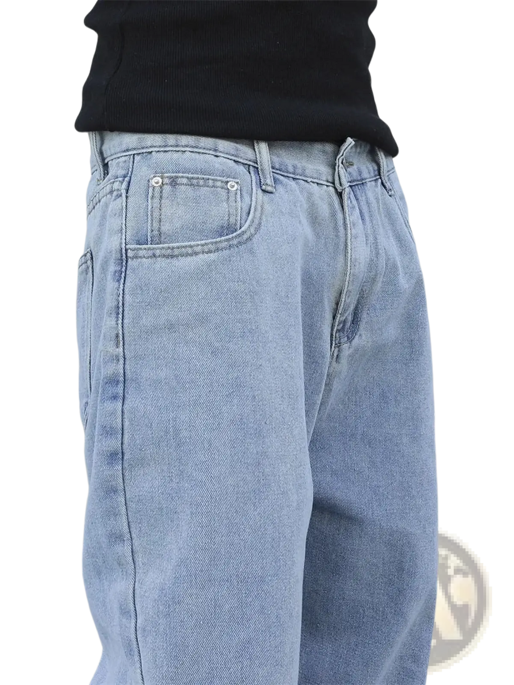 Men baggy y2k wide leg denim jeans in light-wash denim with relaxed wide-leg cut and classic stitching details