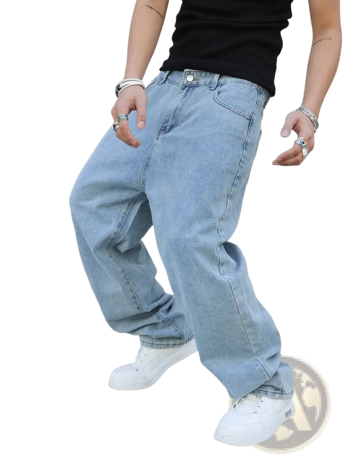 Men baggy Y2k wide leg denim jeans in light-wash denim with relaxed fit and visible stitching details