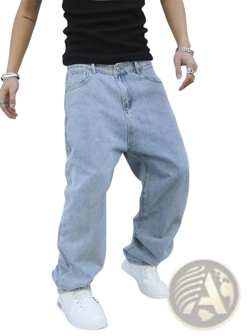 Men baggy Y2k wide leg denim jeans in light-wash denim with a relaxed fit and rolled cuffs