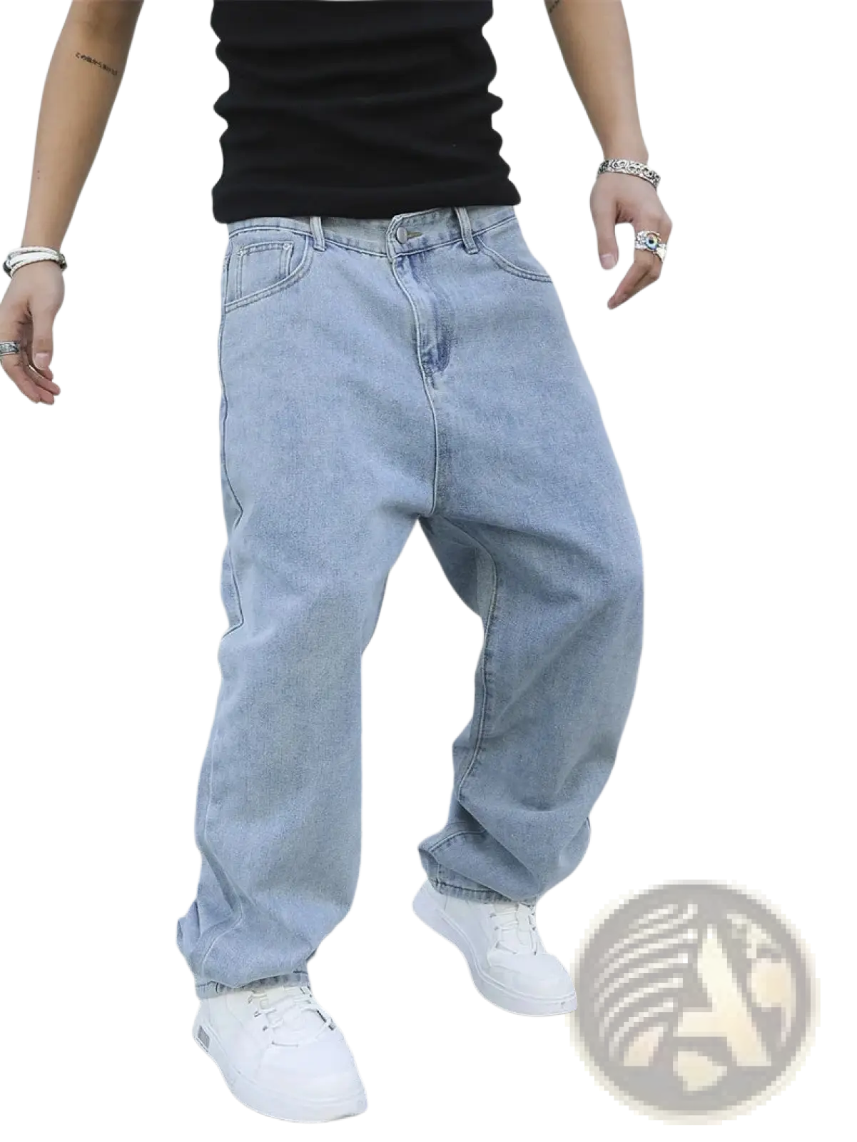 Men baggy Y2k wide leg denim jeans in light-wash denim with a relaxed fit and rolled cuffs