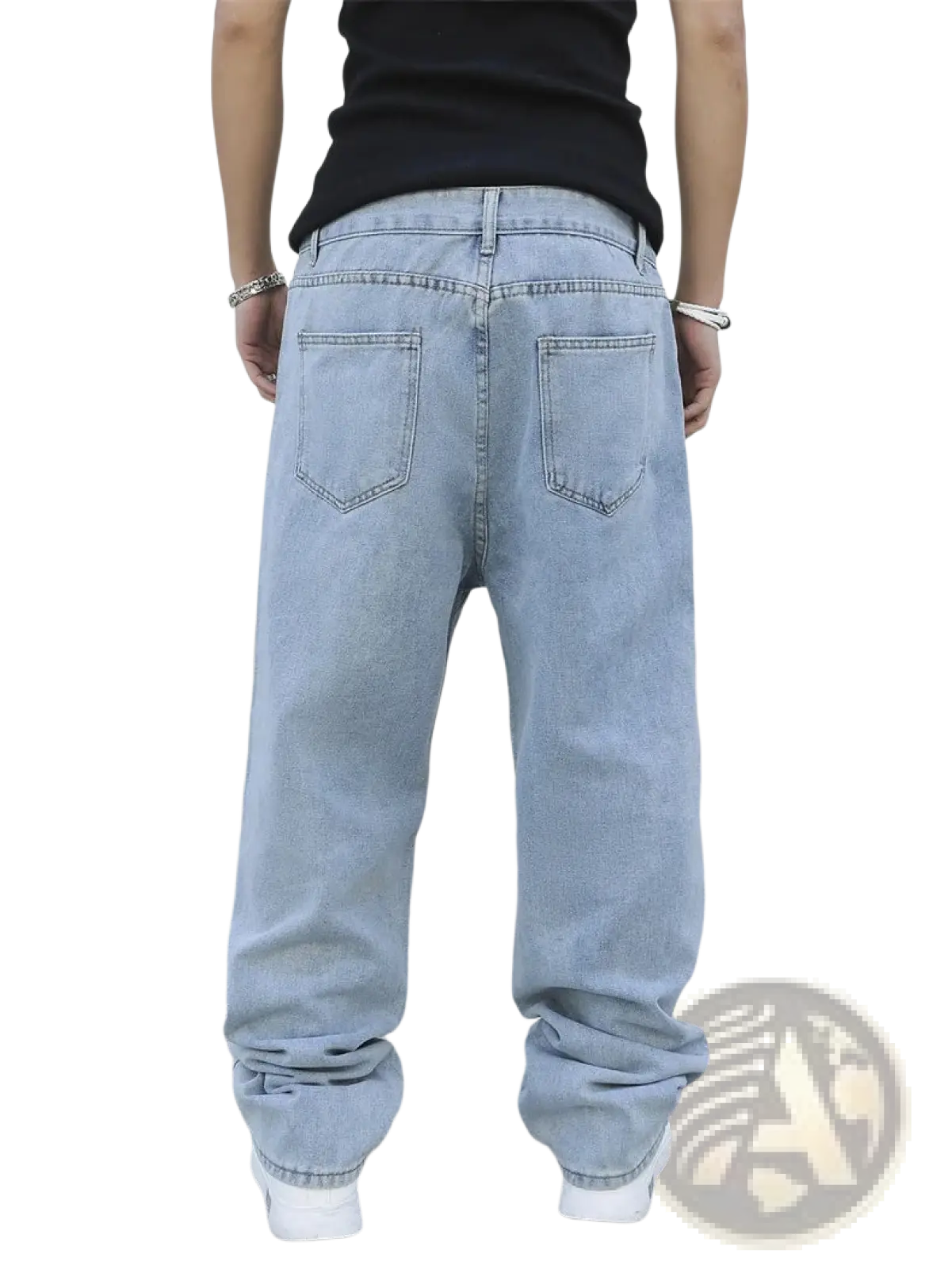 Men baggy y2k wide leg denim jeans in light-wash 100% cotton with relaxed fit and rolled cuffs for casual wear