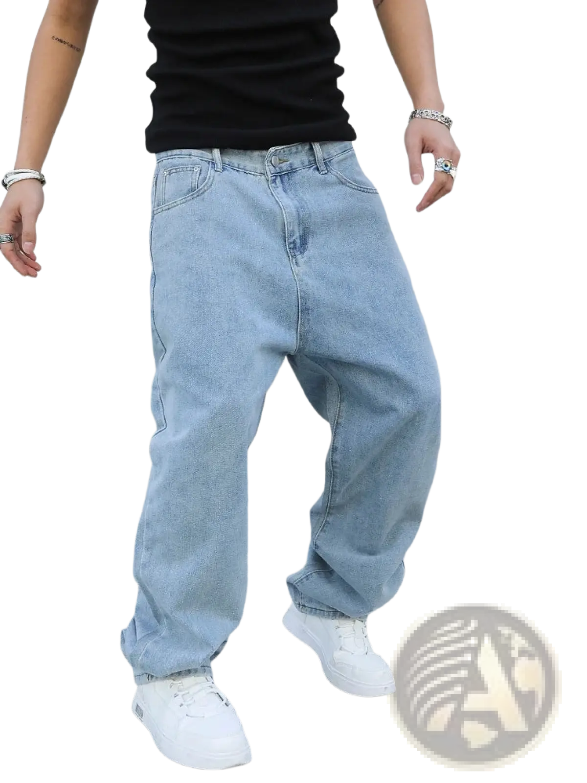 Men baggy Y2k wide leg denim jeans in light-wash cotton with a relaxed, wide-leg cut for casual wear