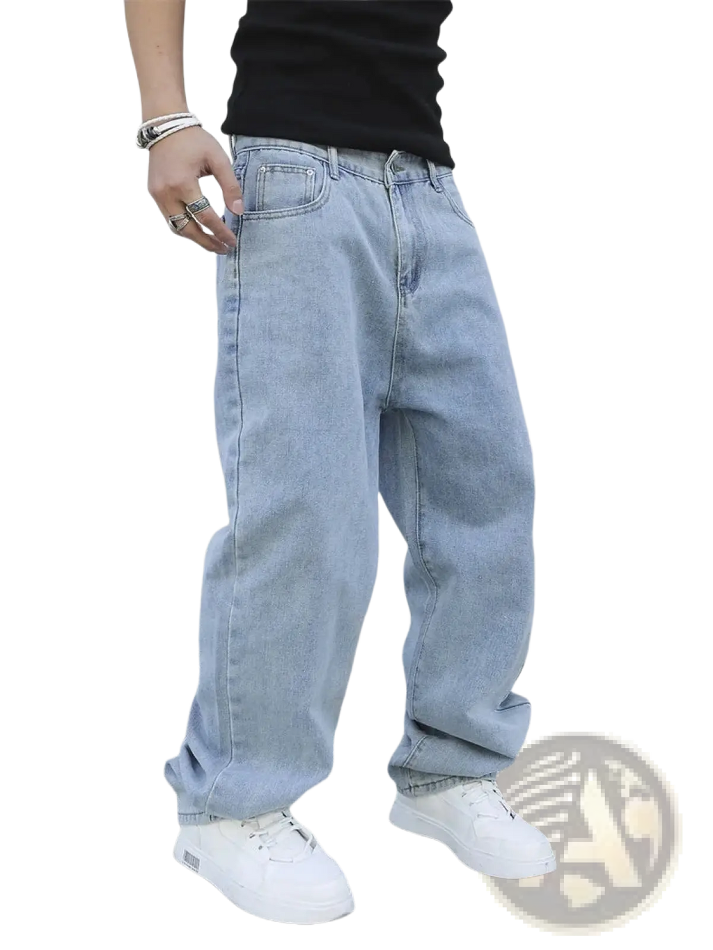 Men baggy Y2k wide leg denim jeans in light wash with relaxed fit and classic five-pocket design