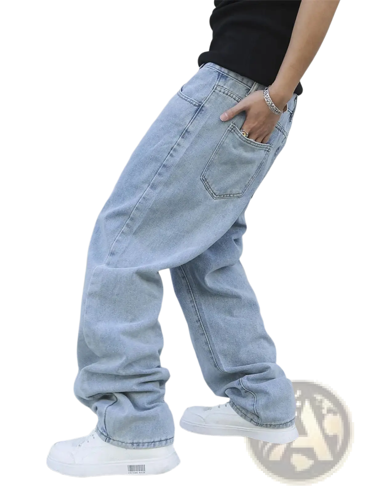 Men baggy y2k wide leg denim jeans in light wash with relaxed fit and classic stitching details