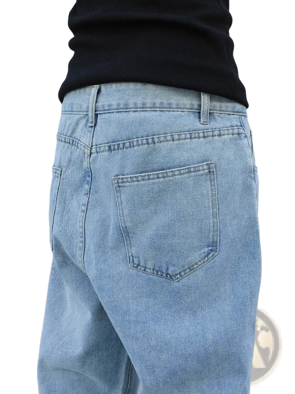 Men baggy y2k wide leg denim jeans in light wash showing relaxed fit and classic back pockets from the backside