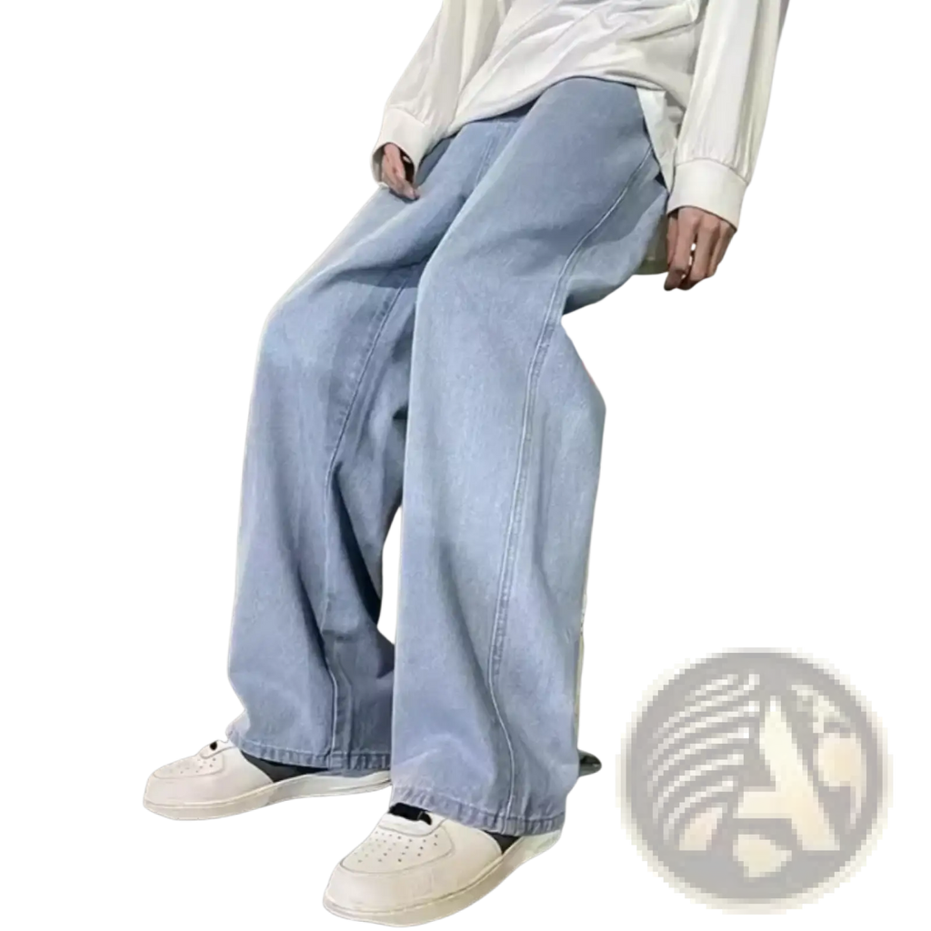 Men baggy Y2k wide leg denim jeans in light-wash cotton with a relaxed fit and wide-leg cut