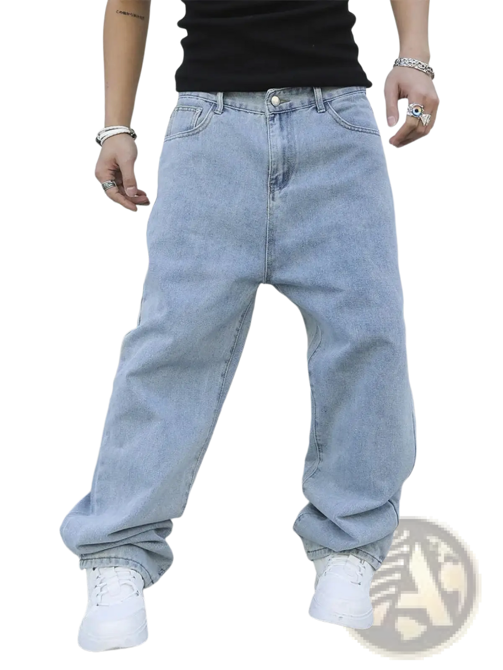 Men baggy y2k wide leg denim jeans in light wash with a relaxed fit and classic five-pocket design