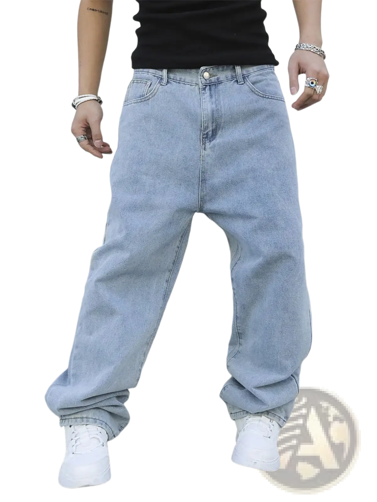 Men baggy y2k wide leg denim jeans in light wash with a relaxed fit and classic five-pocket design