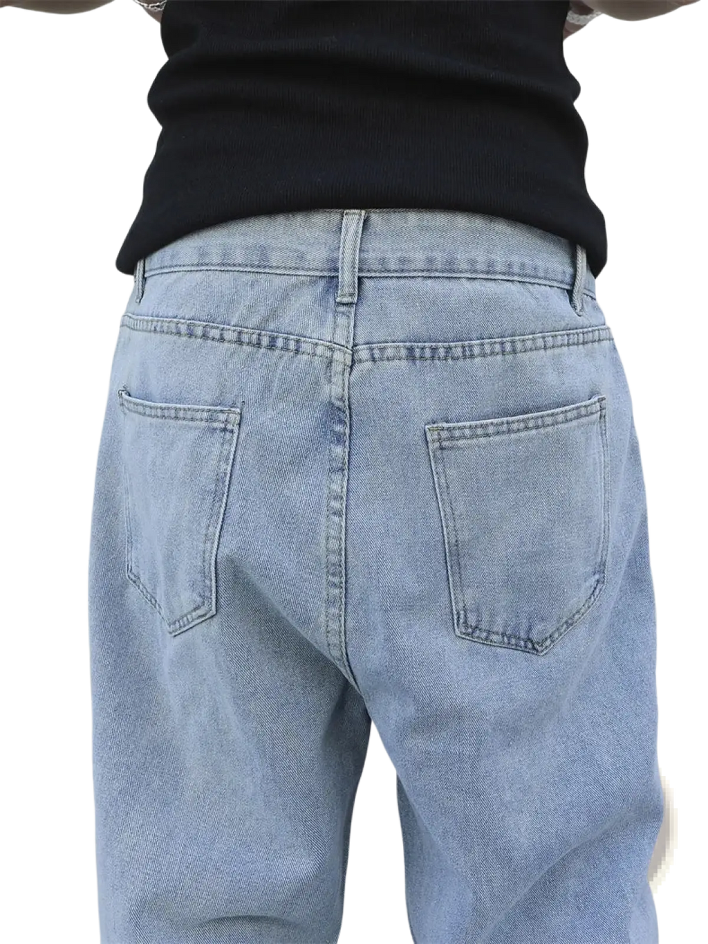 Back side of light-wash men baggy y2k wide leg denim jeans with relaxed fit and classic back pockets