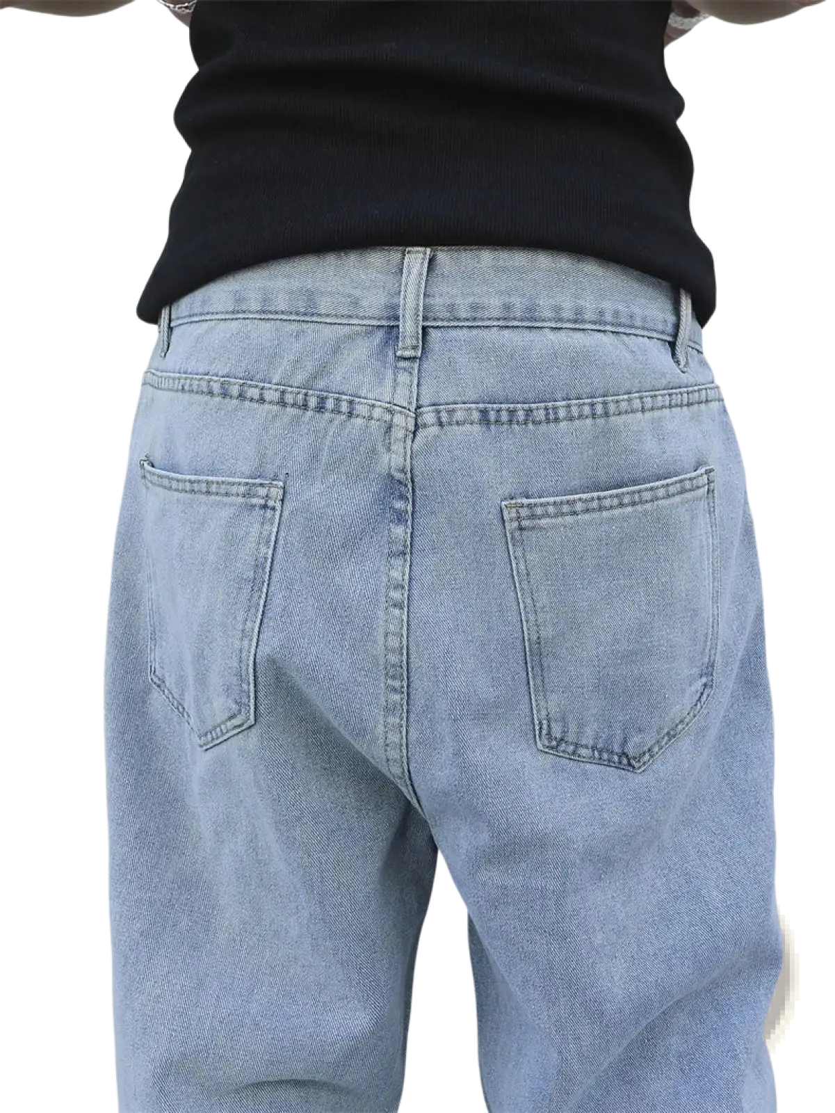 Back side of light-wash men baggy y2k wide leg denim jeans with relaxed fit and classic back pockets