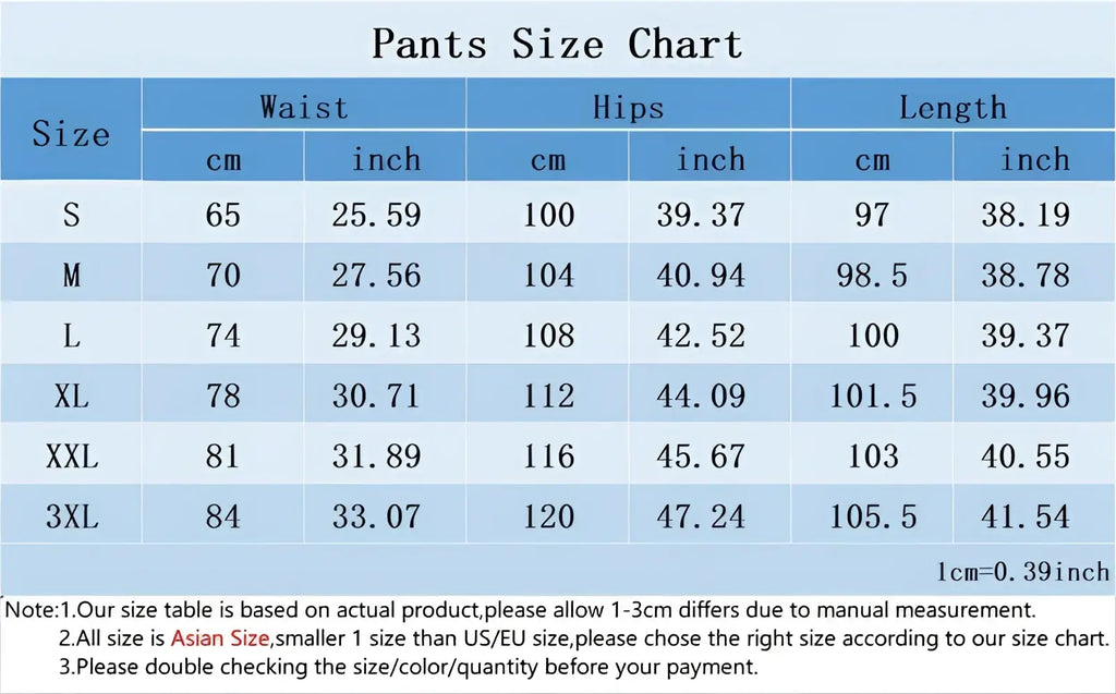 Men baggy y2k wide leg denim jeans pants size chart with waist hips and length measurements in cm and inches from s to 3xl