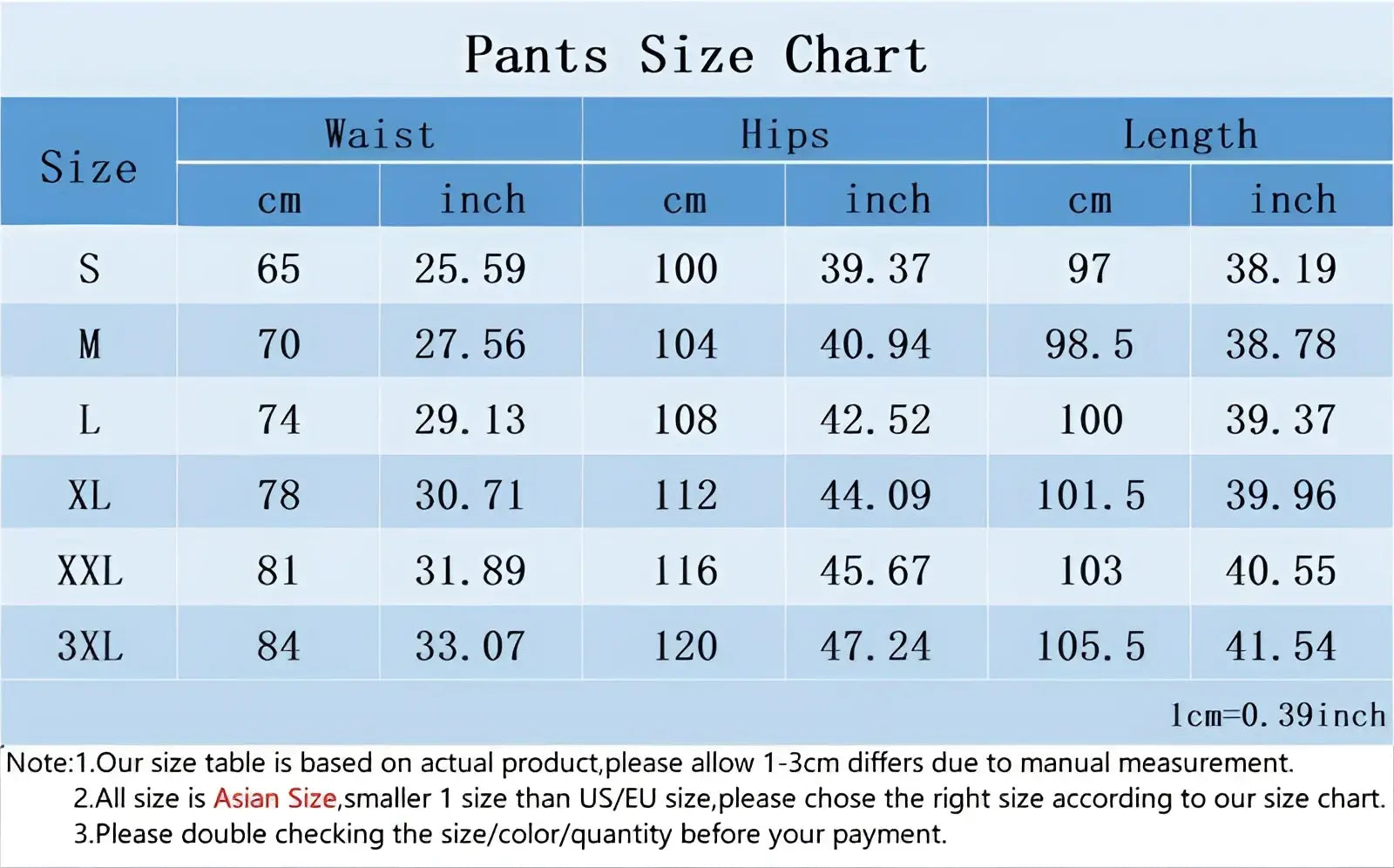 Men baggy y2k wide leg denim jeans pants size chart with waist hips and length measurements in cm and inches from s to 3xl
