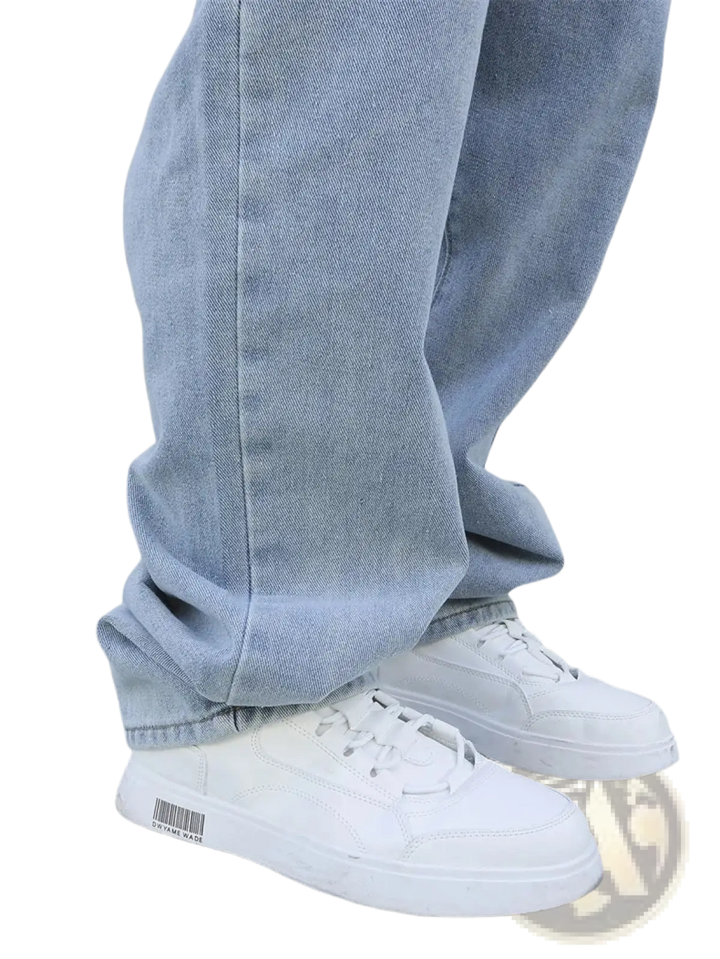 White canvas sneakers with thick rubber soles complement men baggy y2k wide leg denim jeans in minimalist style