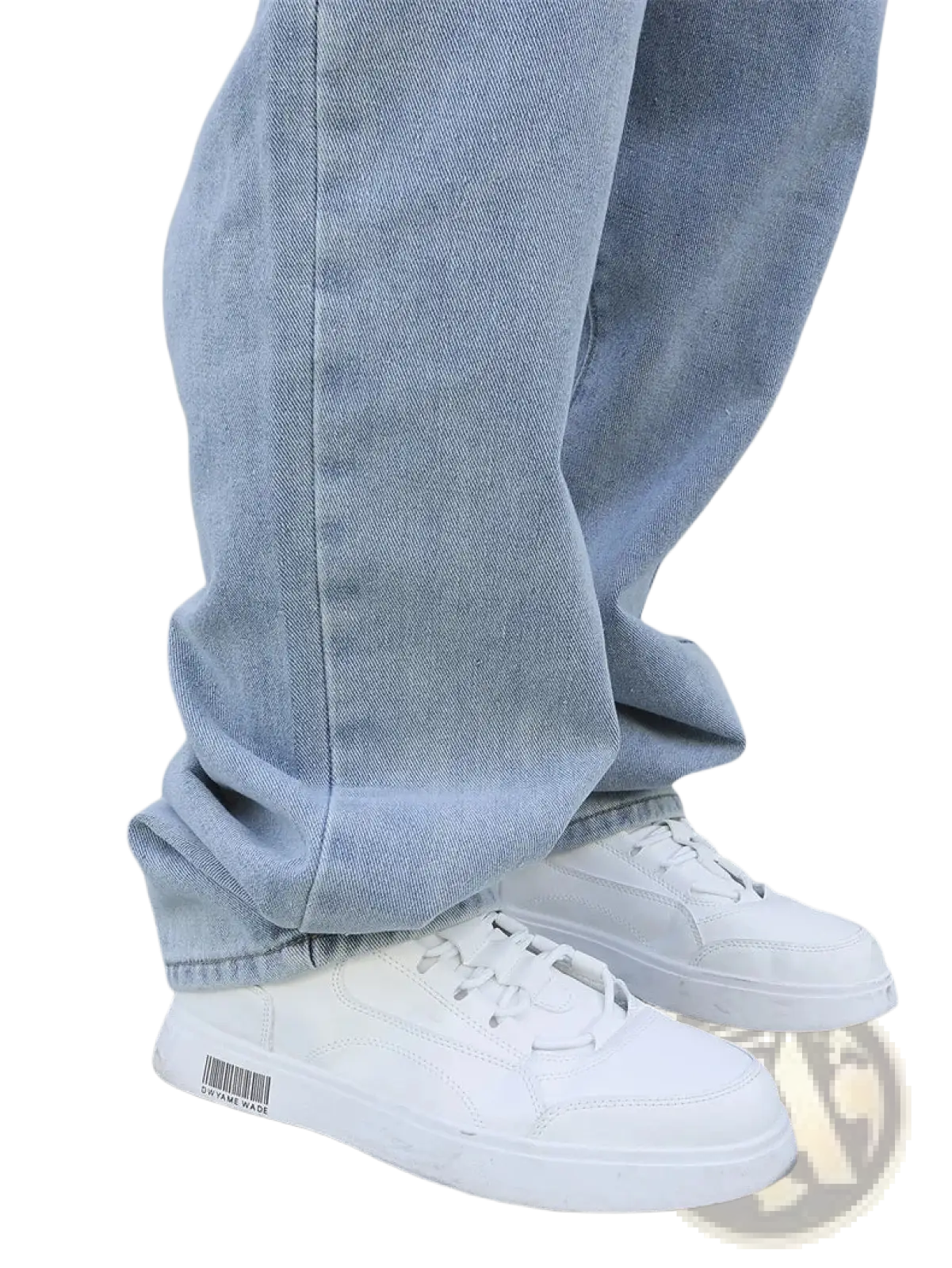 White canvas sneakers with thick rubber soles complement men baggy y2k wide leg denim jeans in minimalist style