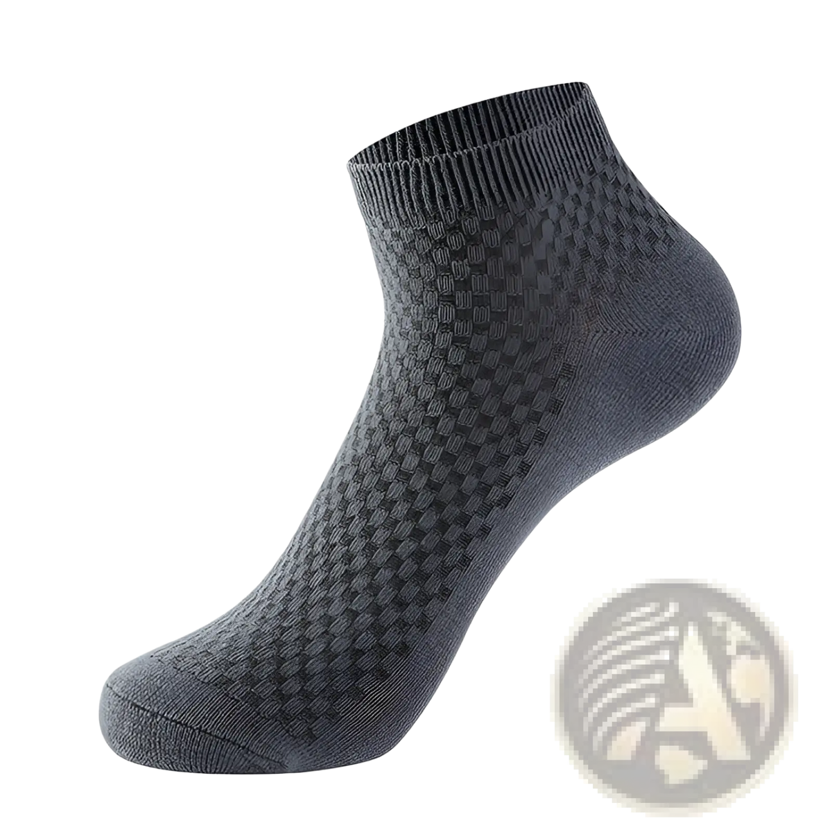 Dark gray men bamboo fiber ankle sock with subtle checkered knit pattern shown from the back side