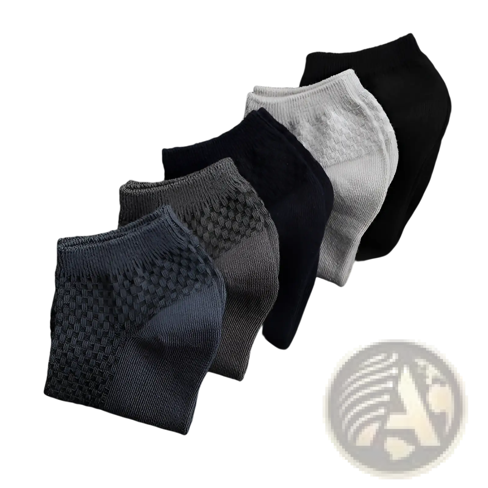 A set of five dark-toned men bamboo fiber ankle socks featuring textured checkered foot patterns and solid cuffs