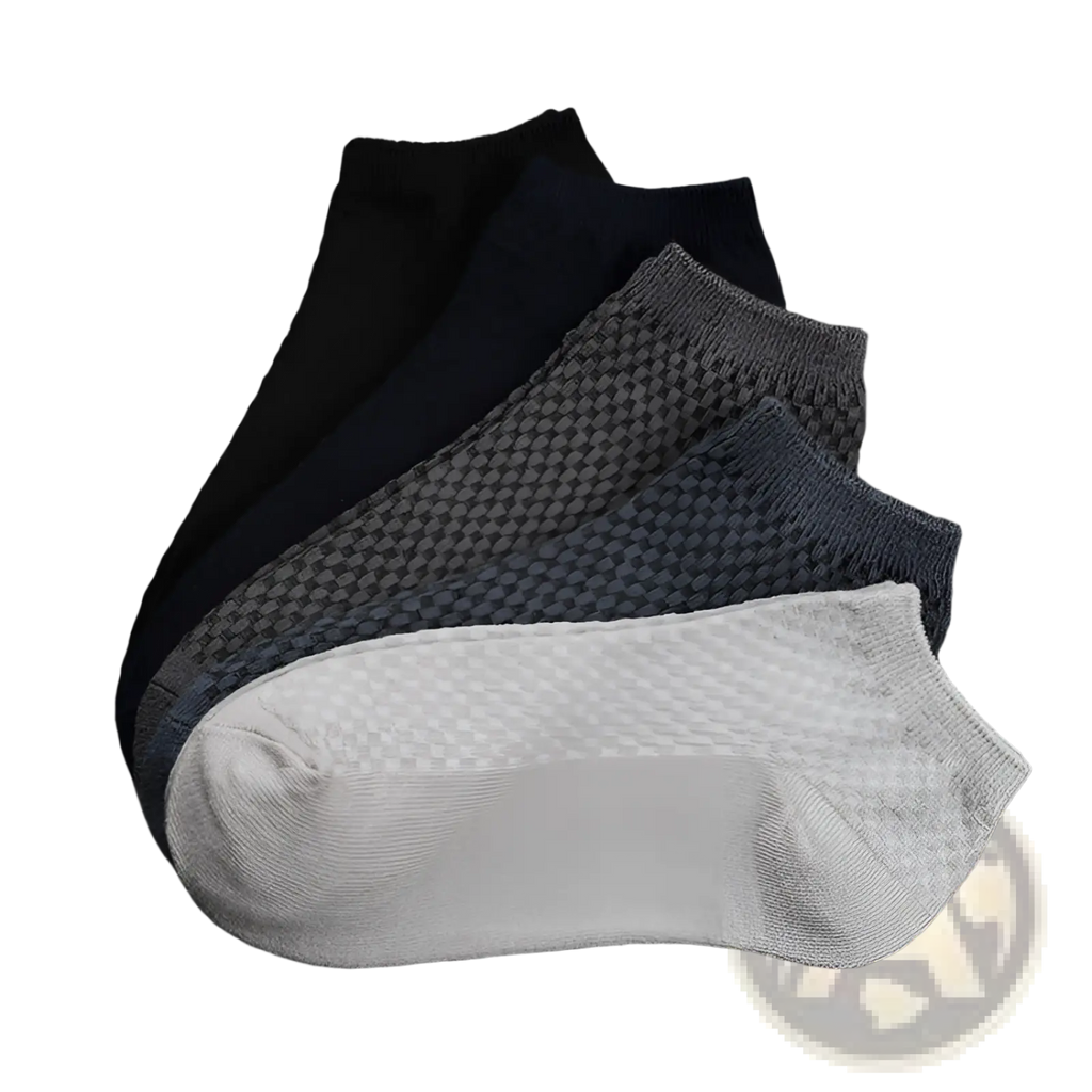 A set of four men bamboo fiber ankle socks in black navy blue dark gray checkered and light gray soft knit fabric