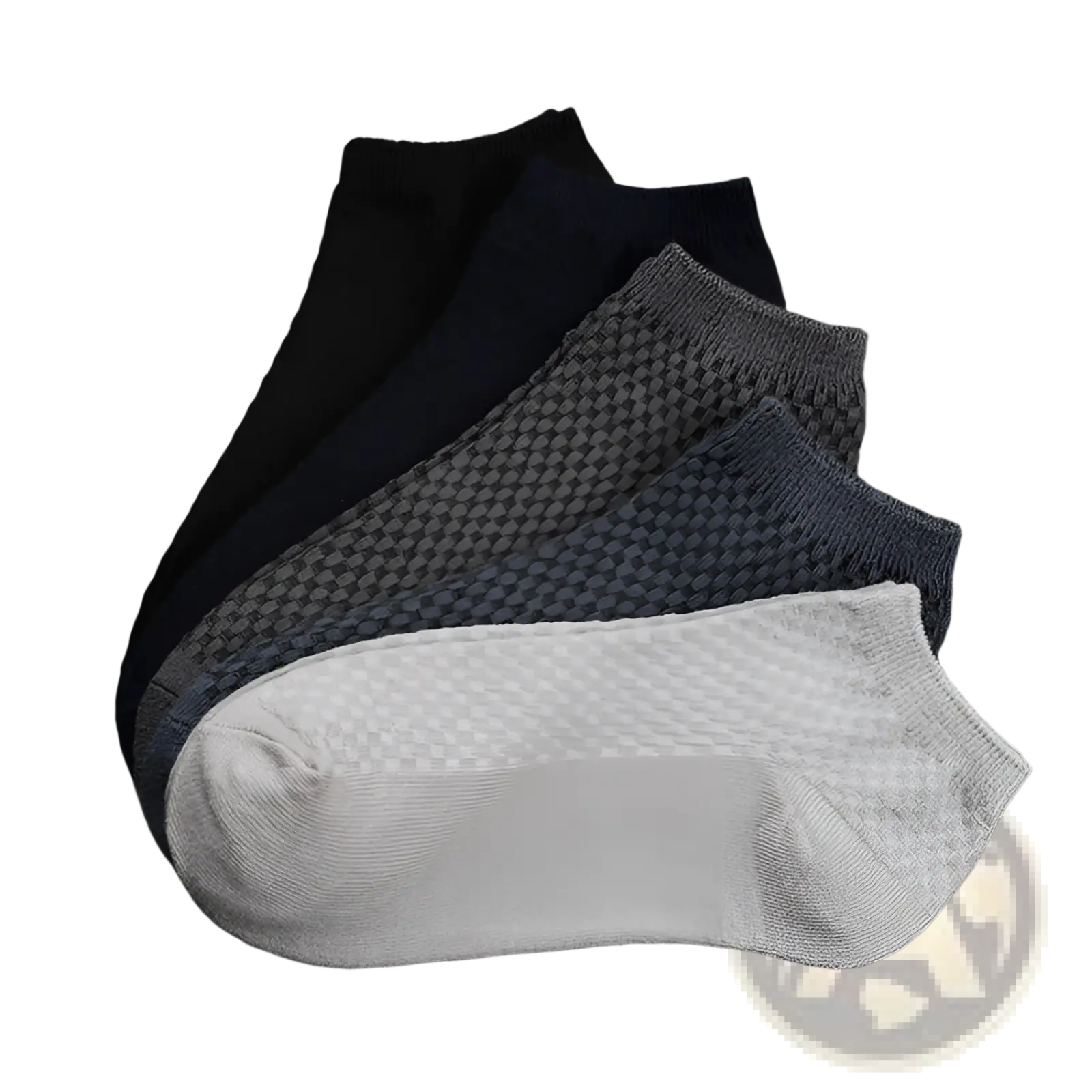 A set of four men bamboo fiber ankle socks in black navy blue dark gray checkered and light gray soft knit fabric