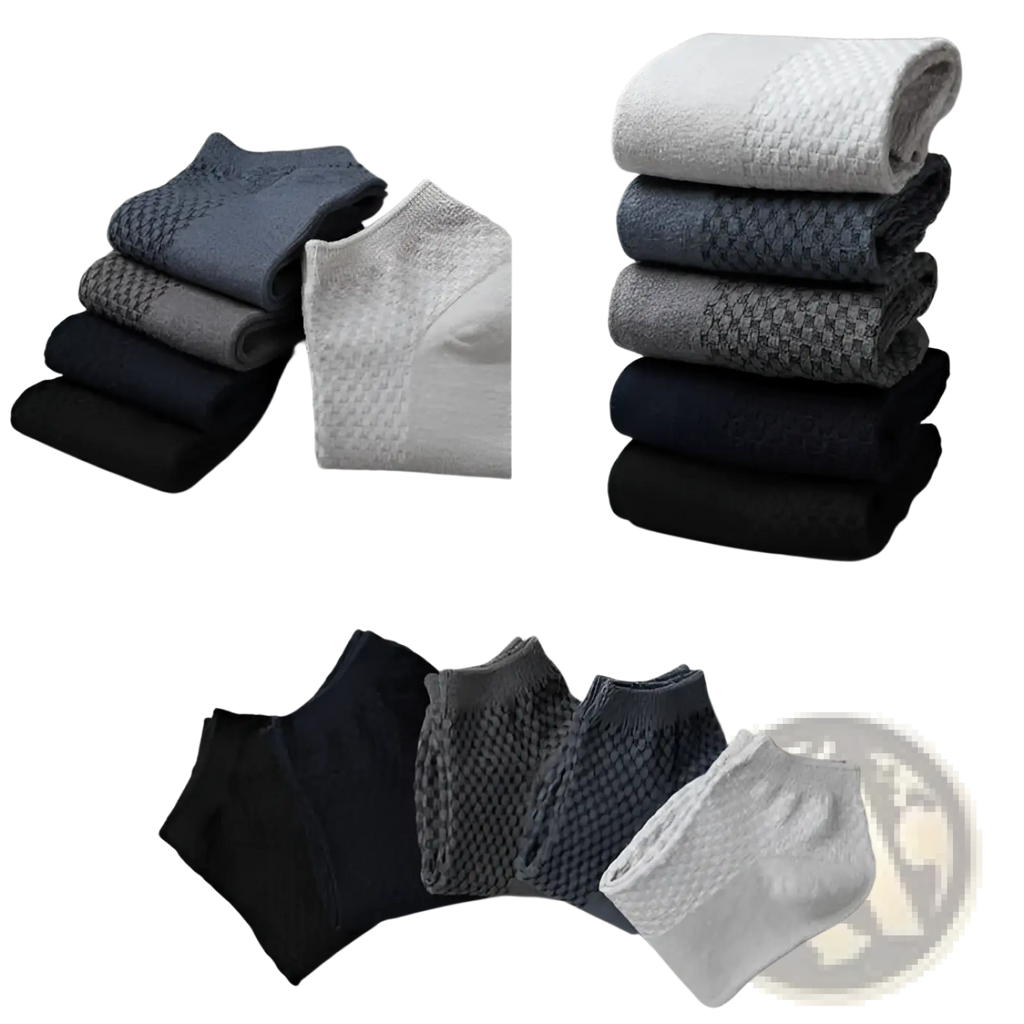 Stack of neatly folded men bamboo fiber ankle socks in gray black and white with textured knit pattern 4 pack