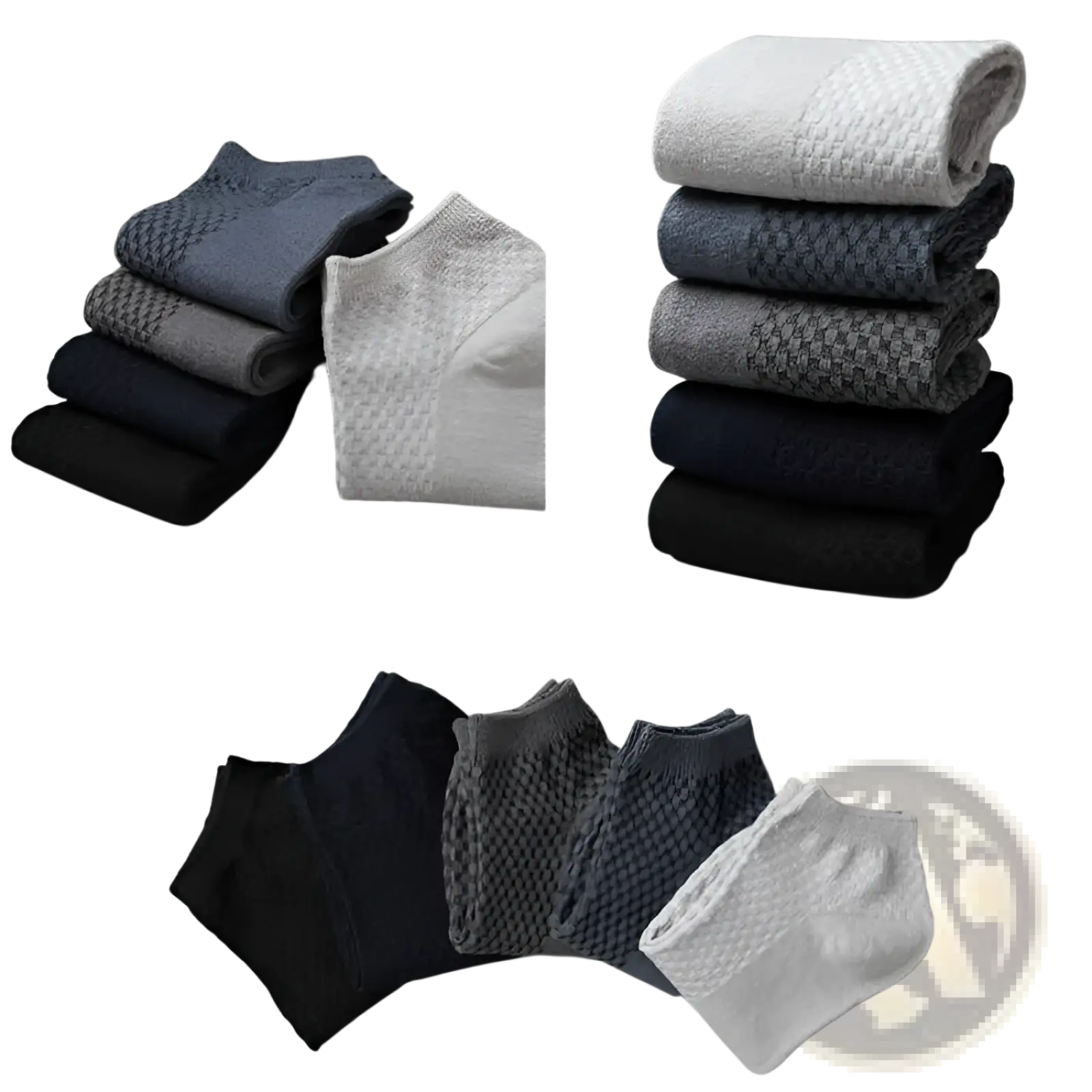 Stack of neatly folded men bamboo fiber ankle socks in gray black and white with textured knit pattern 4 pack