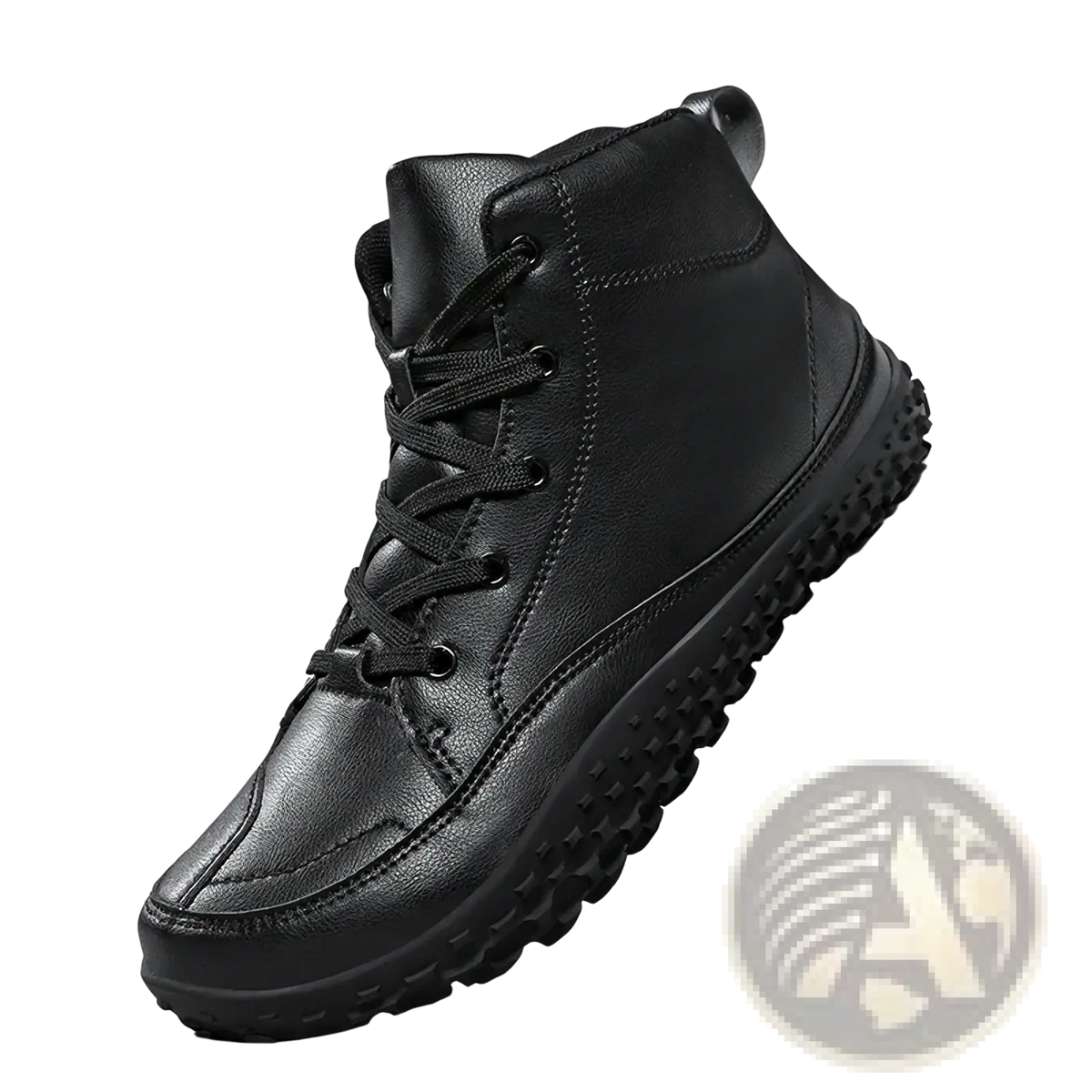 Black leather men barefoot hiking boot with high-top design rugged textured sole and laces for zero drop support