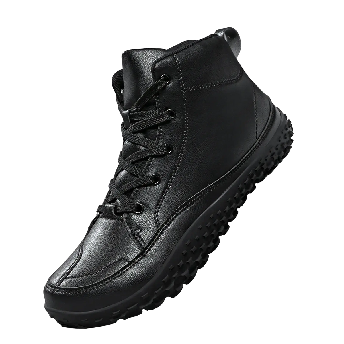 Black leather men barefoot hiking boot with high-top design rugged textured sole and laces for zero drop support