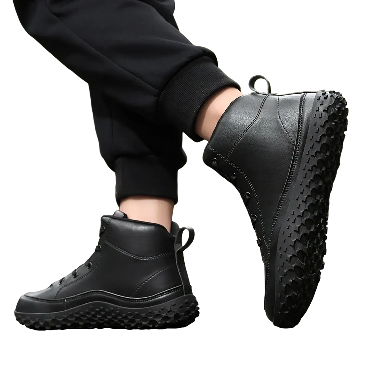 Black leather men barefoot hiking boots with high top design rugged textured rubber sole and reinforced stitching