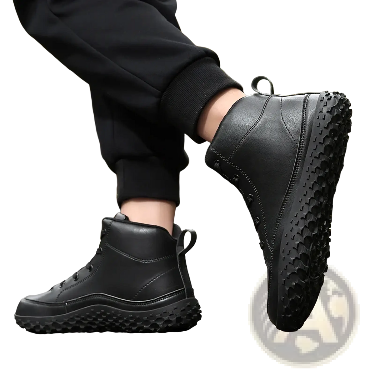 Black leather men barefoot hiking boots with high top design rugged textured rubber sole and reinforced stitching