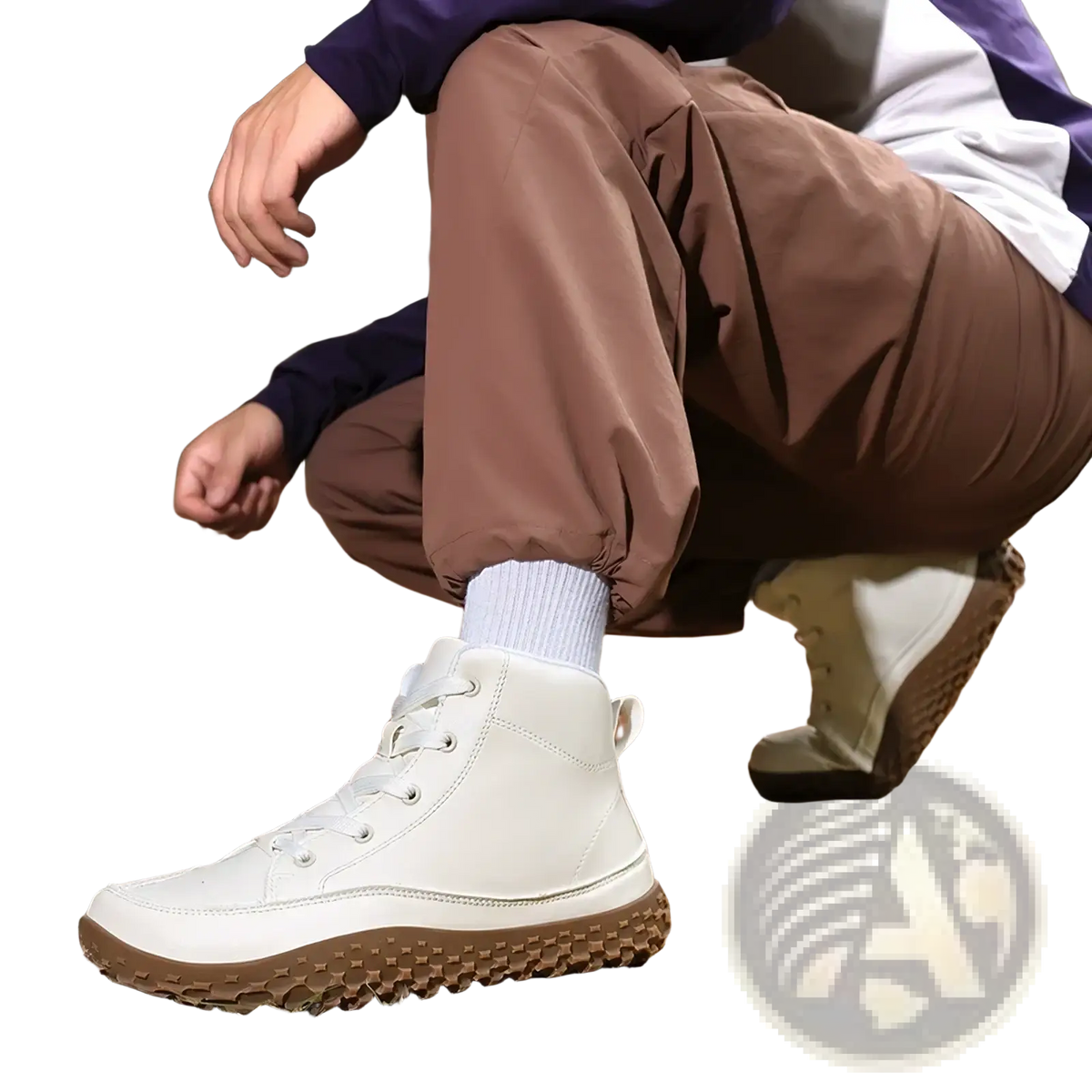 Cream-colored leather men barefoot hiking boots with high top design rugged brown sole and white laces zero drop