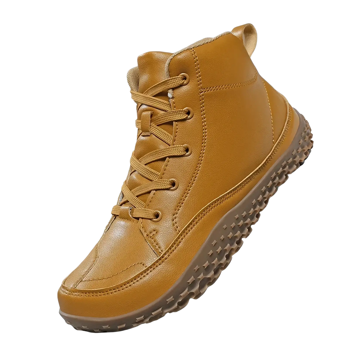 Men barefoot hiking boots leather zero drop tan high-top with matching laces and textured darker brown sole
