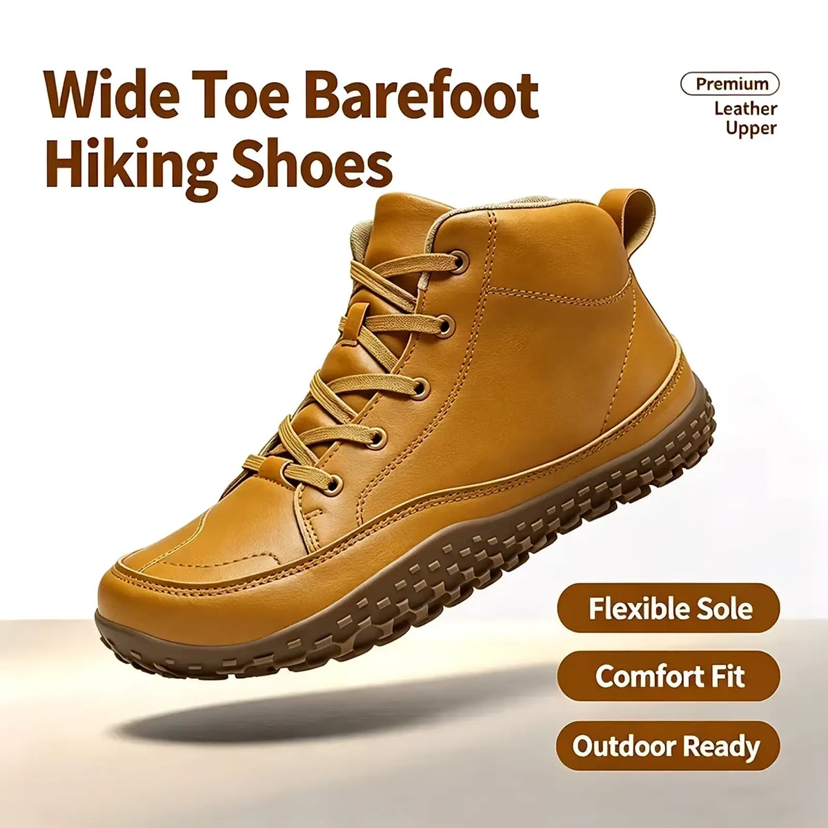 Men barefoot hiking boots leather zero drop tan high-top with flexible sole and outdoor-ready design
