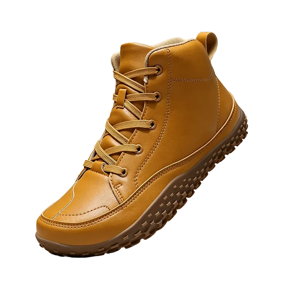 Tan mid-top leather men barefoot hiking boot with wide toe and rugged textured sole for zero drop hiking